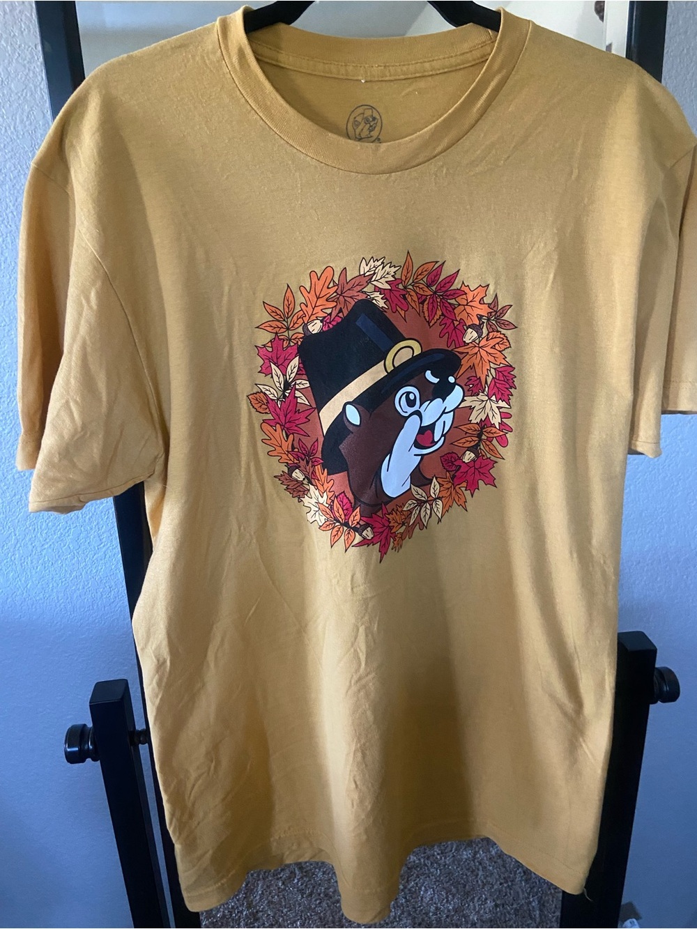 Mustard Yellow Short Sleeve Tee with Pilgrim Beaver Graphic
